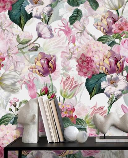 Papel de Parede Rosa Claro e Flores Brancas