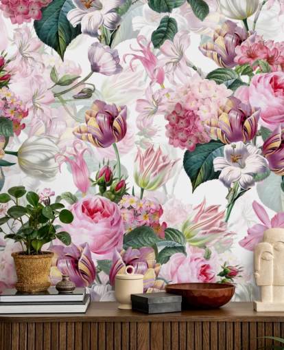 Lys rosa roser og hvite blomster tapet