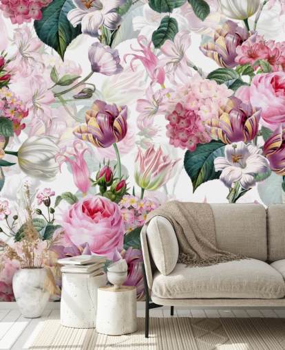 Carta da parati con rose rosa chiaro e fiori bianchi Carta da parati con rose rosa chiaro e fiori bianchi