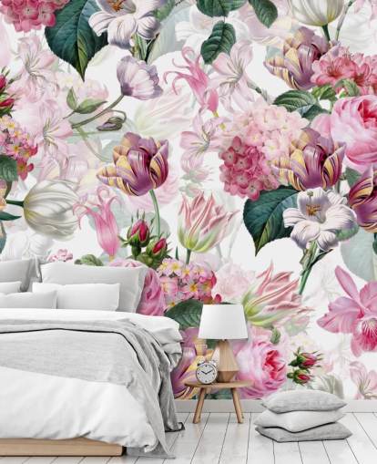 Papel de Parede Rosa Claro e Flores Brancas