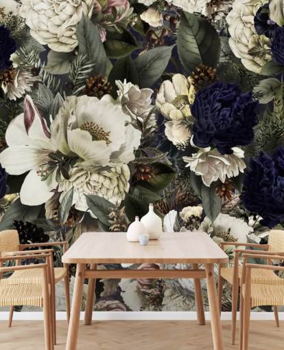 mural de papel de parede floral azul escuro e branco chamado Midnight Bouquet de Uta Naumann para quartos