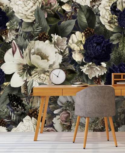 papier peint floral bleu foncé et blanc appelé Midnight Bouquet par Uta Naumann pour les chambres