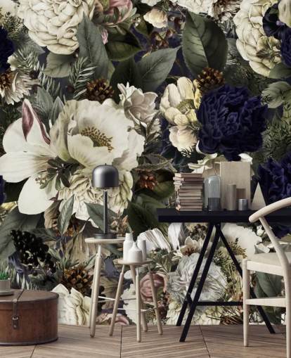 mørkeblå og hvid blomstertapet vægmaleri kaldet Midnight Bouquet af Uta Naumann til soveværelser