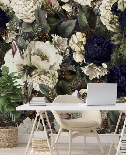 mørkeblått og hvitt blomstertapet veggmaleri kalt Midnight Bouquet av Uta Naumann for soverom