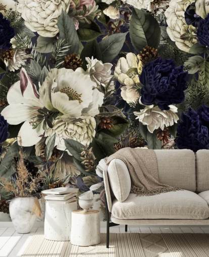 dunkelblau-weiße Blumentapete namens Midnight Bouquet von Uta Naumann für Schlafzimmer dunkelblau-weiße Blumentapete namens Midnight Bouquet von Uta Naumann für Schlafzimmer