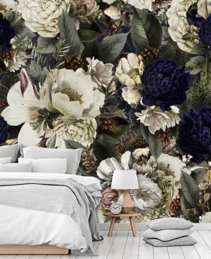 dunkelblau-weiße Blumentapete namens Midnight Bouquet von Uta Naumann für Schlafzimmer dunkelblau-weiße Blumentapete namens Midnight Bouquet von Uta Naumann für Schlafzimmer