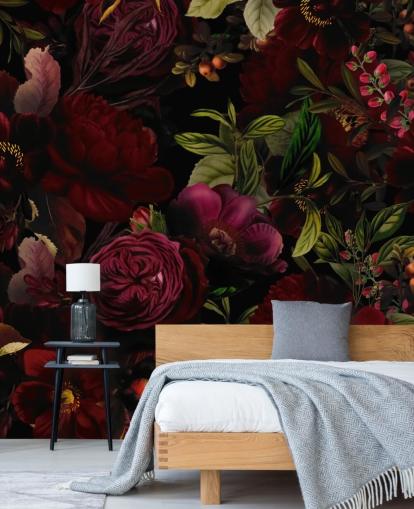 mural de papel pintado floral personalizable de color morado llamado Moody Maroon de Uta Naumann para dormitorios