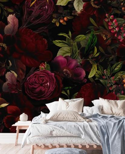 paarse aanpasbare bloemenbehangmuurschildering genaamd Moody Maroon van Uta Naumann voor slaapkamers paarse aanpasbare bloemenbehangmuurschildering genaamd Moody Maroon van Uta Naumann voor slaapkamers