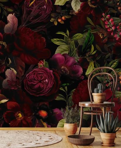 mural de papel de parede floral personalizável roxo chamado Moody Maroon de Uta Naumann para quartos