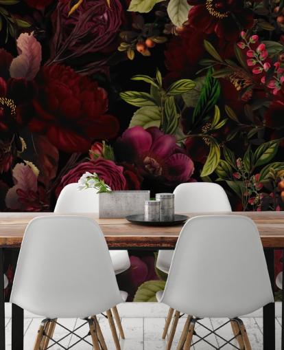 purple customisable floral wallpaper mural called Moody Maroon by Uta Naumann for bedrooms