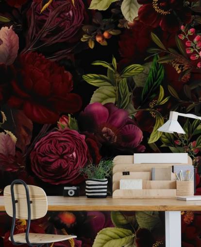 purple customisable floral wallpaper mural called Moody Maroon by Uta Naumann for bedrooms