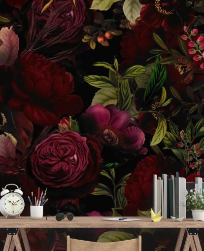 mural de papel pintado floral personalizable de color morado llamado Moody Maroon de Uta Naumann para dormitorios