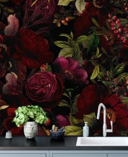 mural de papel pintado floral personalizable de color morado llamado Moody Maroon de Uta Naumann para dormitorios