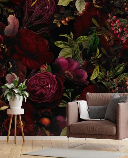 purple customisable floral wallpaper mural called Moody Maroon by Uta Naumann for bedrooms