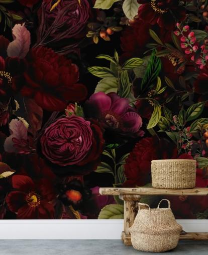 purple customisable floral wallpaper mural called Moody Maroon by Uta Naumann for bedrooms