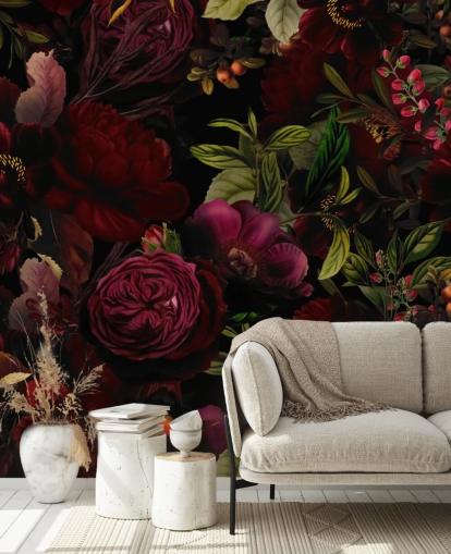 purple customisable floral wallpaper mural called Moody Maroon by Uta Naumann for bedrooms