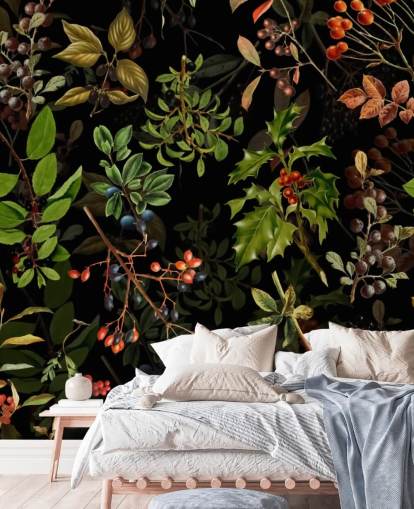 Woodland Berries on Black Background Wallpaper