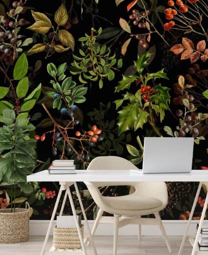 Woodland Bessen op zwarte achtergrond behang