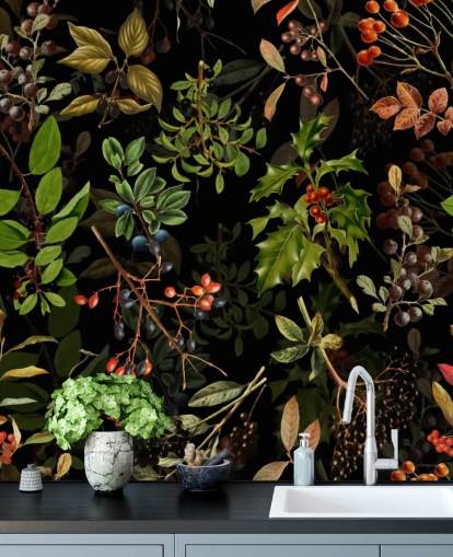 Woodland Bessen op zwarte achtergrond behang