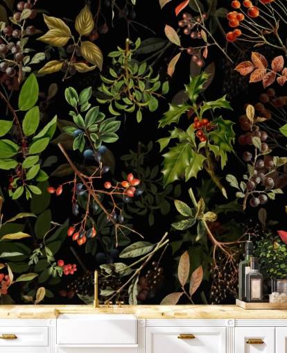 Woodland Bessen op zwarte achtergrond behang