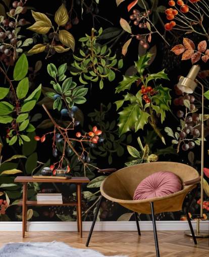 Woodland Bessen op zwarte achtergrond behang