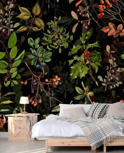Woodland Bessen op zwarte achtergrond behang