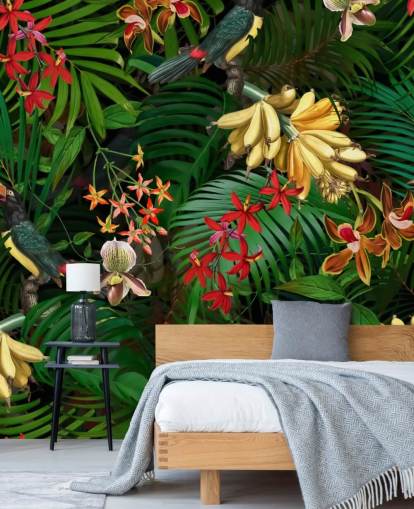 Banan, palmblad och blommor Bakgrund