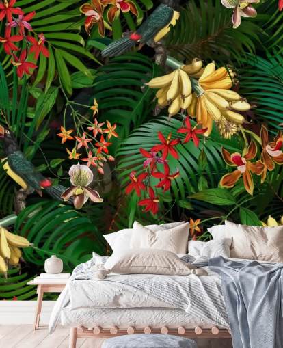 Behang met banaan, palmblad en bloemen