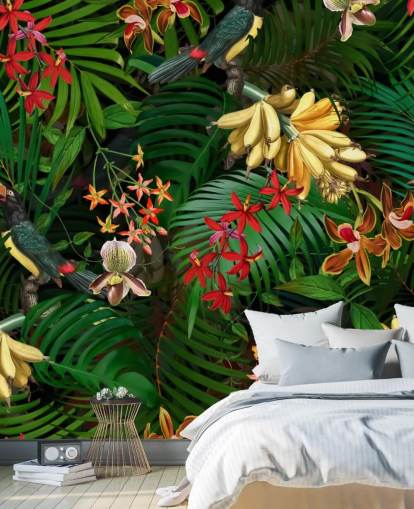 Banan, Palm Leaf og Blomster Baggrund Banan, Palm Leaf og Blomster Baggrund