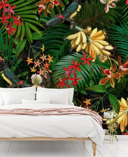 Behang met banaan, palmblad en bloemen Behang met banaan, palmblad en bloemen