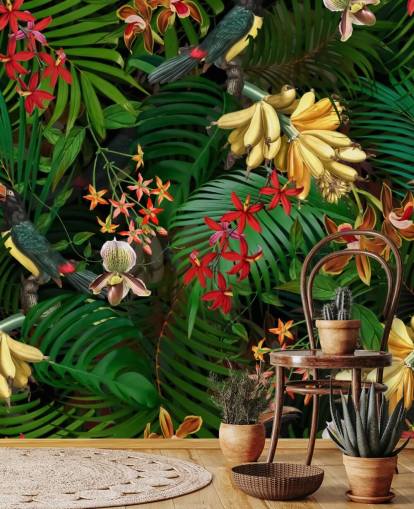 Banana, Palm Leaf and Flowers Wallpaper