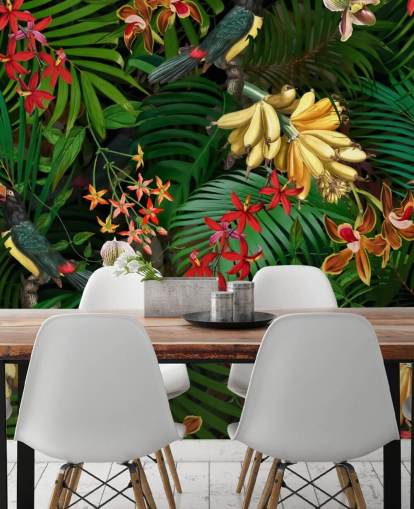 Behang met banaan, palmblad en bloemen Behang met banaan, palmblad en bloemen
