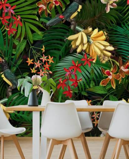 Banan, Palm Leaf og Blomster Baggrund