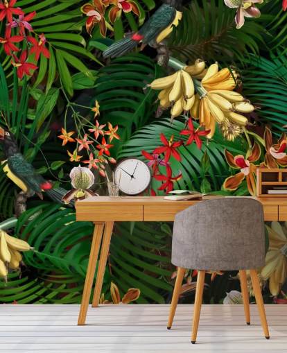 Banan, Palm Leaf og Blomster Baggrund