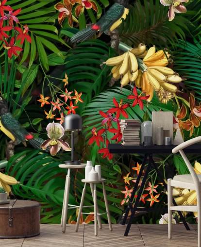 Behang met banaan, palmblad en bloemen