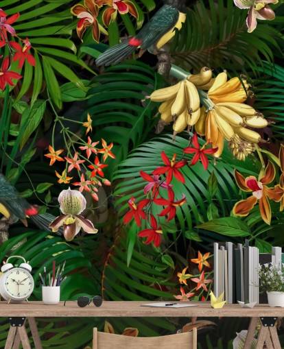 Banane, Palmblatt und Blumen Wallpaper