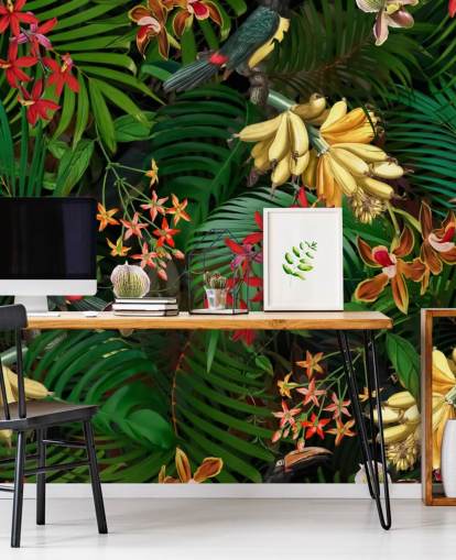 Banan, palmblad och blommor Bakgrund