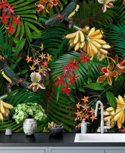 Banan, palmblad och blommor Bakgrund