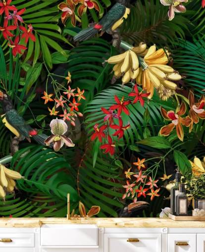 Papel pintado Plátano, hoja de palma y flores