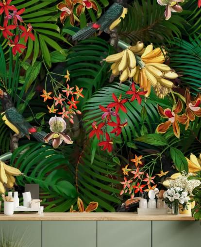 Banana, Palm Leaf and Flowers Wallpaper