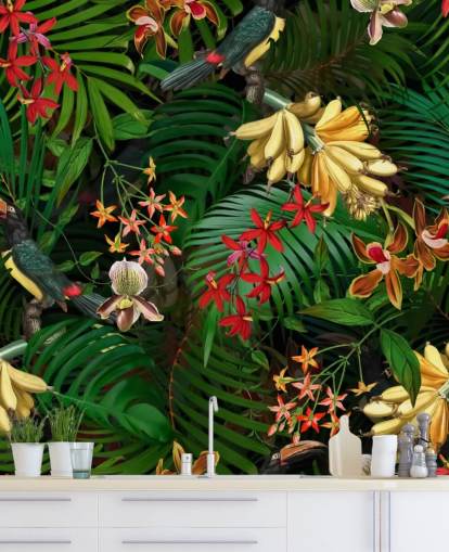 Papier Peint Banane, Palmier et Fleurs