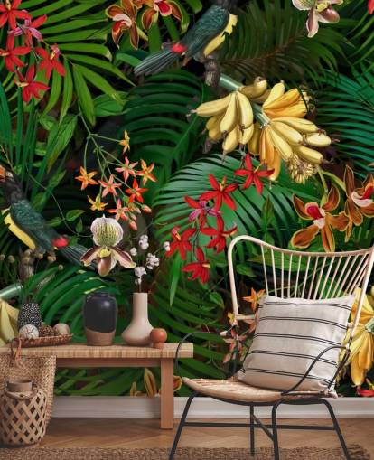 Behang met banaan, palmblad en bloemen