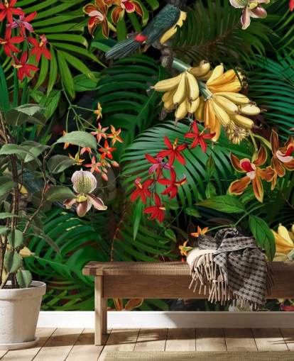 Banan, palmblad och blommor Bakgrund