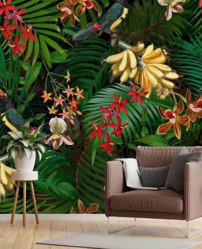 Banan, palmblad och blommor Bakgrund