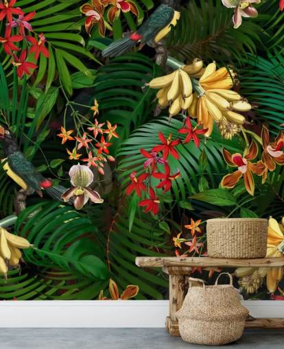 Banane, Palmblatt und Blumen Wallpaper