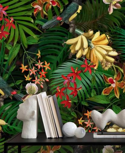 Banana, Palm Leaf and Flowers Wallpaper