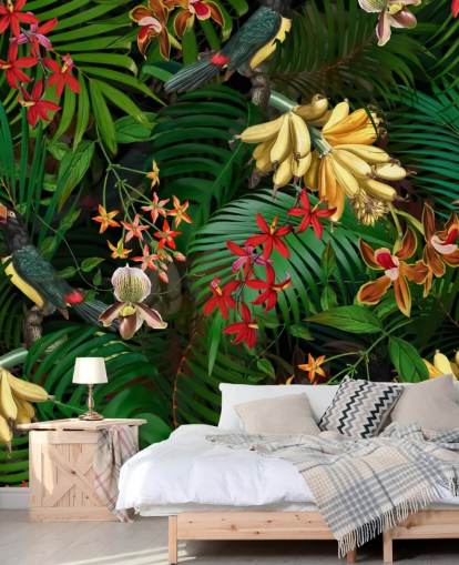 Banana, Palm Leaf and Flowers Wallpaper