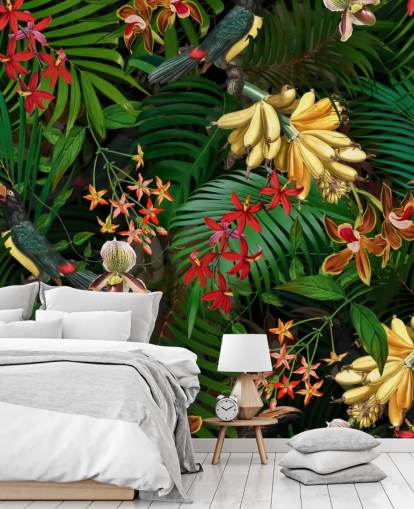 Banane, Palmblatt und Blumen Wallpaper Banane, Palmblatt und Blumen Wallpaper