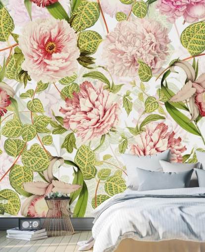 Pink Rose, Orchids and Green Leaves Wallpaper