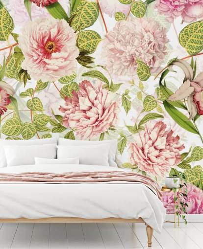 Carta da parati con rose rosa, orchidee e foglie verdi